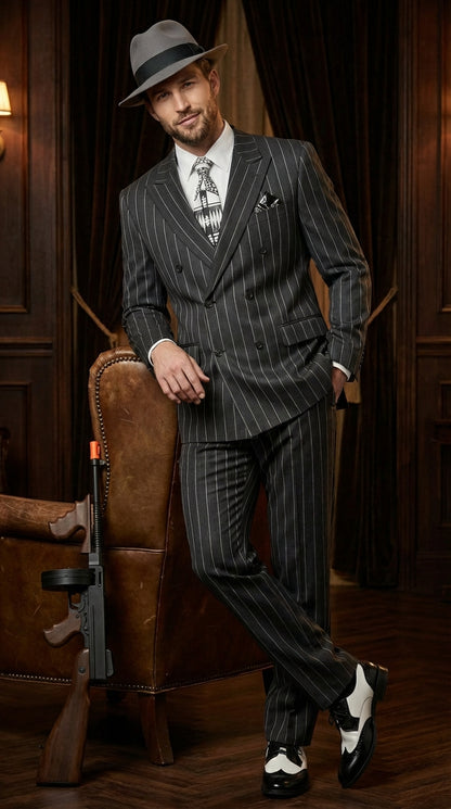 Mens Black Pinstripe AI Capone Suit – Vintage 1920s Gangster Style Two Piece Formal Suit