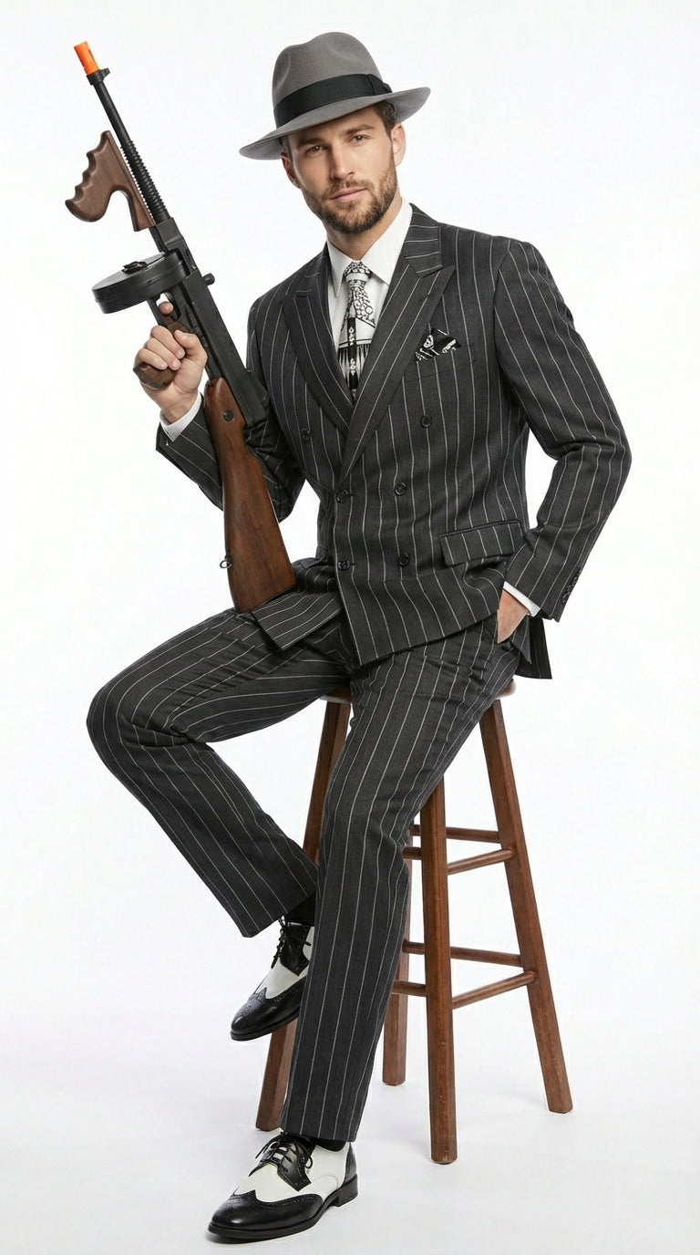 Mens Black Pinstripe AI Capone Suit – Vintage 1920s Gangster Style Two Piece Formal Suit