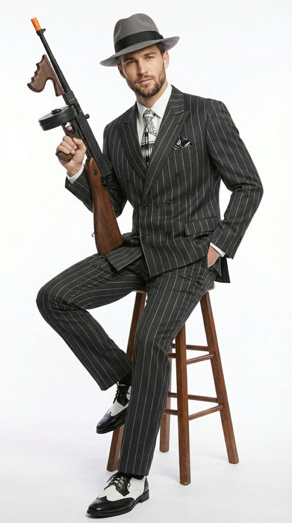 Mens Black Pinstripe AI Capone Suit – Vintage 1920s Gangster Style Two Piece Formal Suit