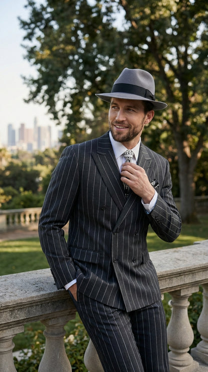 Mens Black Pinstripe AI Capone Suit – Vintage 1920s Gangster Style Two Piece Formal Suit