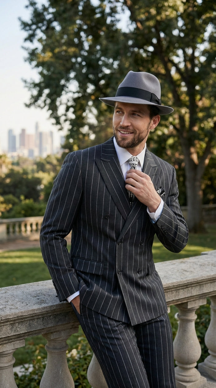 Mens Black Pinstripe AI Capone Suit – Vintage 1920s Gangster Style Two Piece Formal Suit