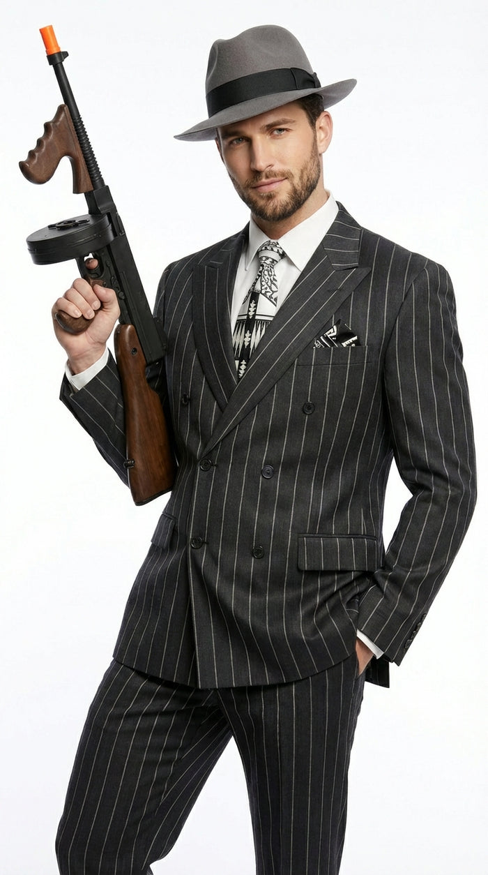 Mens Black Pinstripe AI Capone Suit – Vintage 1920s Gangster Style Two Piece Formal Suit
