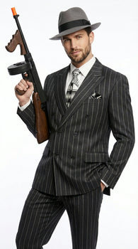 Mens Black Pinstripe AI Capone Suit – Vintage 1920s Gangster Style Three Piece Formal Suit