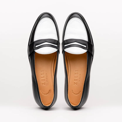 Zelli Alba Calfskin Spectator Penny Loafers in Black and White