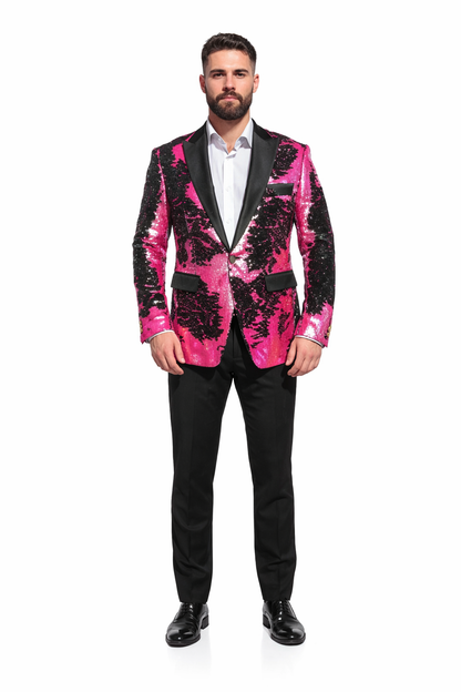 Alberto Nardoni Brand Fashion Men'S Fuchsia Pink & Black Lapel Blazer ~ Sport Coat Tuxedo Dinner Jacket Sequin ~ Shiny Paisley With Bowtie Add