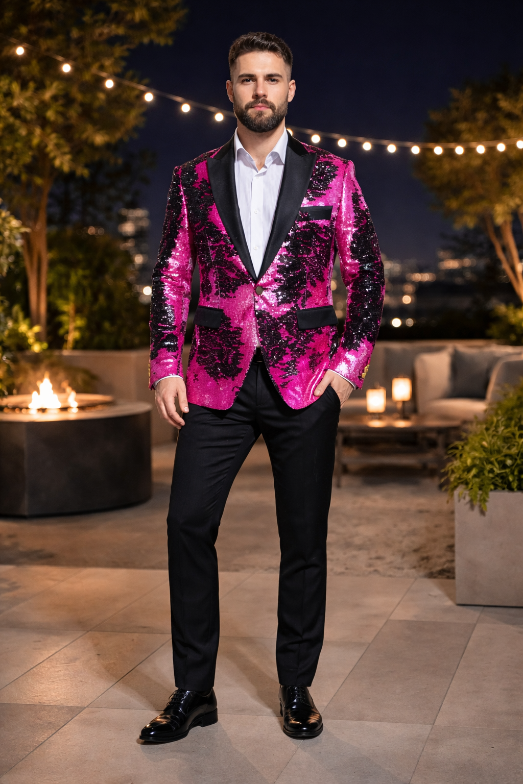 Alberto Nardoni Brand Fashion Men'S Fuchsia Pink & Black Lapel Blazer ~ Sport Coat Tuxedo Dinner Jacket Sequin ~ Shiny Paisley - Image 4