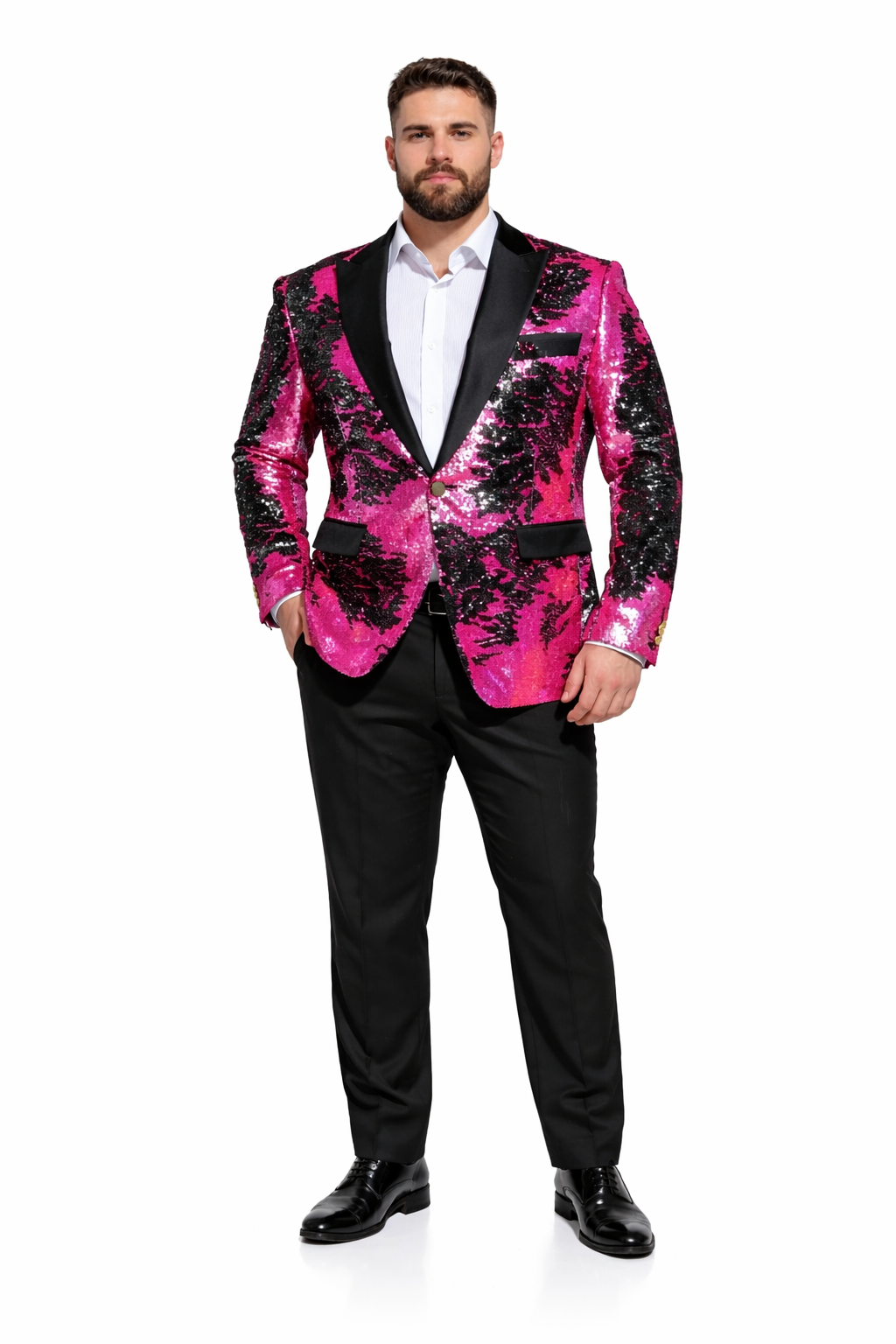 Alberto Nardoni Brand Fashion Men'S Fuchsia Pink & Black Lapel Blazer ~ Sport Coat Tuxedo Dinner Jacket Sequin ~ Shiny Paisley - Image 6