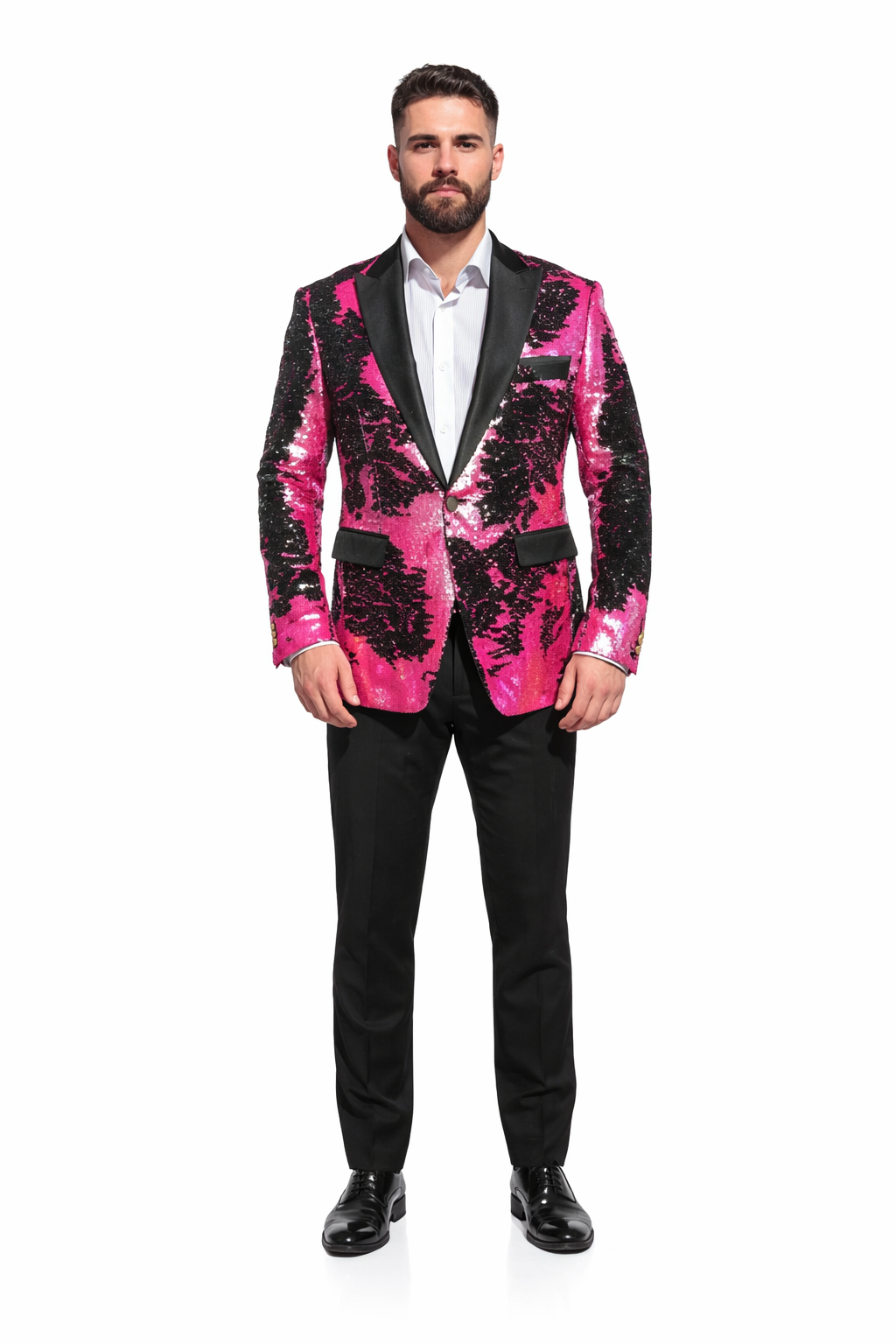Alberto Nardoni Brand Fashion Men'S Fuchsia Pink & Black Lapel Blazer ~ Sport Coat Tuxedo Dinner Jacket Sequin ~ Shiny Paisley No Bowtie / XL