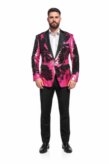 Alberto Nardoni Brand Fashion Men'S Fuchsia Pink & Black Lapel Blazer ~ Sport Coat Tuxedo Dinner Jacket Sequin ~ Shiny Paisley