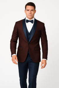 Alberto Nardoni Burgundy ~ Plum And Dark Navy Blue Lapel Burgundy  Suit  Tuxedo Vested 3 Piece Suit Wedding / Prom / Party Suit