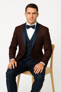 Alberto Nardoni Burgundy ~ Plum And Dark Navy Blue Lapel Burgundy  Suit  Tuxedo Vested 3 Piece Suit Wedding / Prom / Party Suit