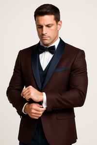 Alberto Nardoni Burgundy ~ Plum And Dark Navy Blue Lapel Burgundy  Suit  Tuxedo Vested 3 Piece Suit Wedding / Prom / Party Suit