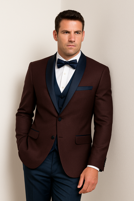 Alberto Nardoni Burgundy ~ Plum And Dark Navy Blue Lapel Burgundy  Suit  Tuxedo Vested 3 Piece Suit Wedding / Prom / Party Suit