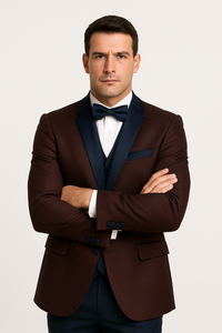 Alberto Nardoni Burgundy ~ Plum And Dark Navy Blue Lapel Burgundy  Suit  Tuxedo Vested 3 Piece Suit Wedding / Prom / Party Suit