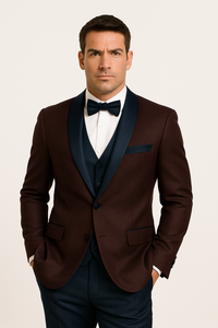 Alberto Nardoni Burgundy ~ Plum And Dark Navy Blue Lapel Burgundy  Suit  Tuxedo Vested 3 Piece Suit Wedding / Prom / Party Suit