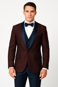 Alberto Nardoni Burgundy ~ Plum And Dark Navy Blue Lapel Burgundy  Suit  Tuxedo Vested 3 Piece Suit Wedding / Prom / Party Suit