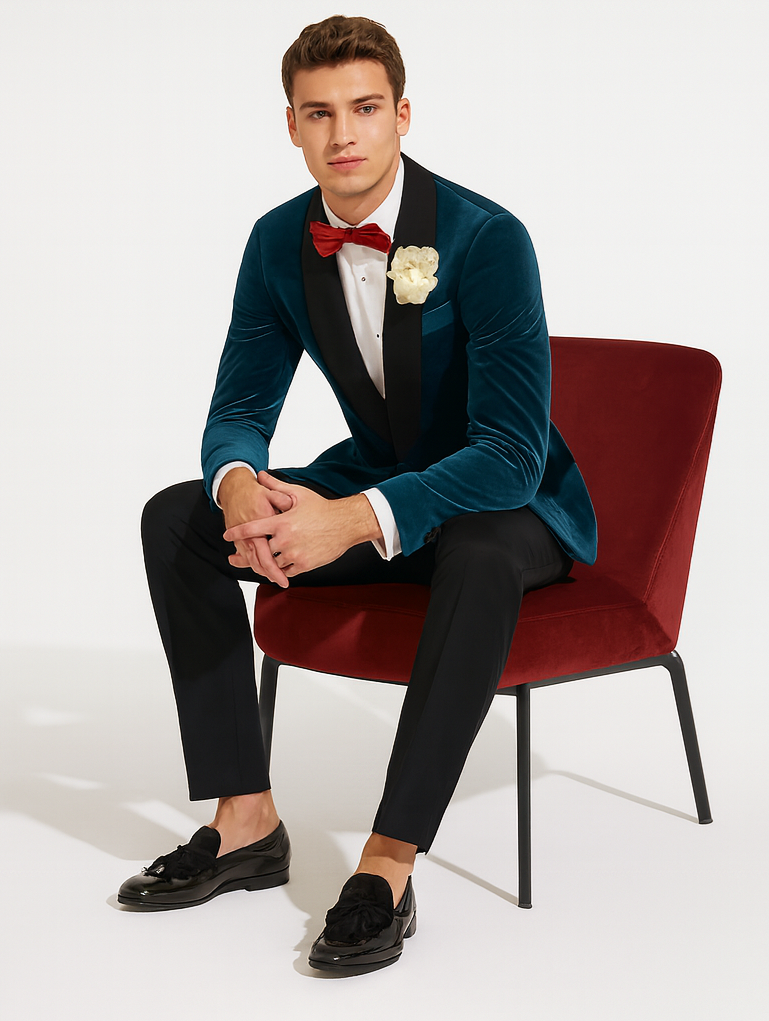 Alberto Narodni Dark Teal Blue Velvet Fabric Dinner Jacket (Greenish Blue) Fashion Tuxedo For Men - Image 4
