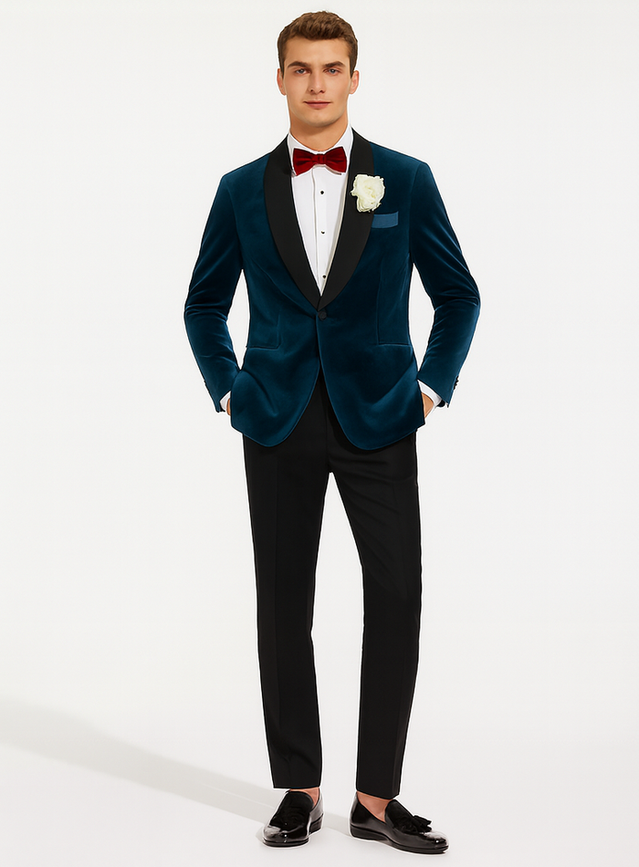 Alberto Narodni Dark Teal Blue Velvet Fabric Dinner Jacket (Greenish Blue) Fashion Tuxedo For Men - Image 7