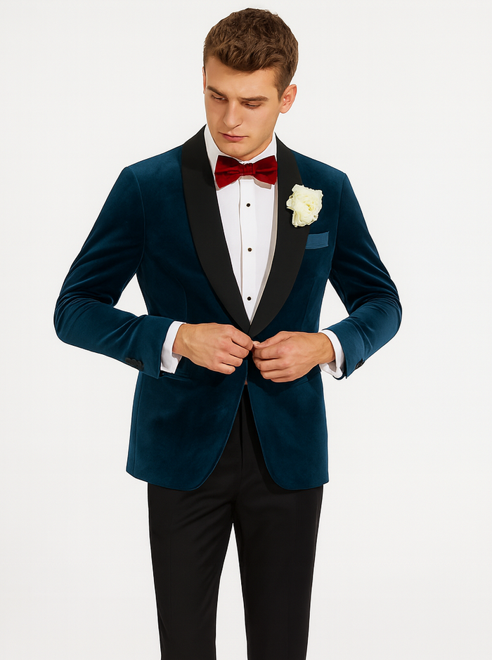 Alberto Narodni Dark Teal Blue Velvet Fabric Dinner Jacket (Greenish Blue) Fashion Tuxedo For Men - Image 8