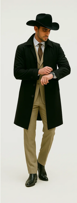 All Weather Men's Dress Coat Belted Rain Coats ~ Long full Maxi length Trench Coats Black Long Style