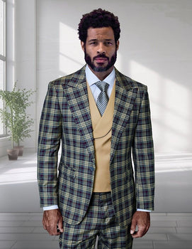 Statement Men’s 3-Piece Plaid Wool Suit – 100% Wool Modern Fit with Wide Peak Lapel