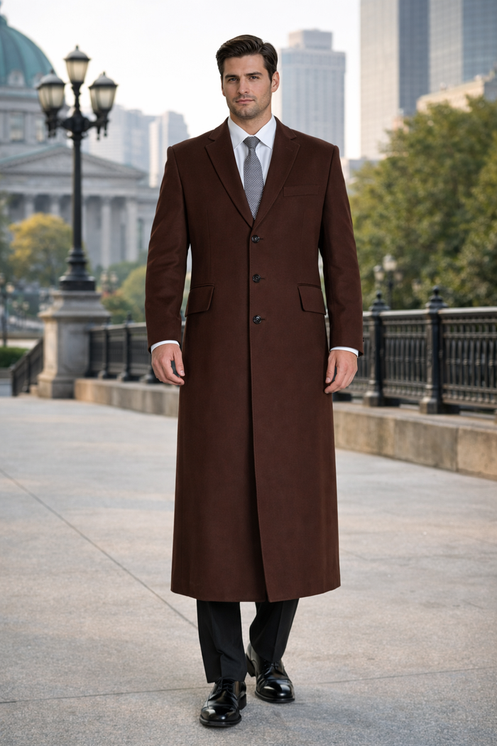 Ankle length 4 Buttons Brown Wool Cashmere Blend Overcoat Top Coat - Image 7
