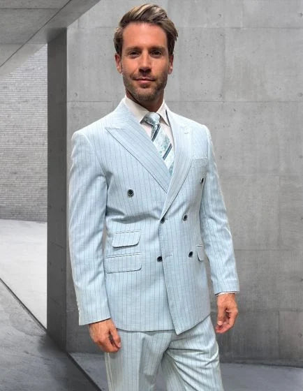 Statement Men’s 2-Piece 100% Wool Double Breasted Pinstripe Suit Modern Fit