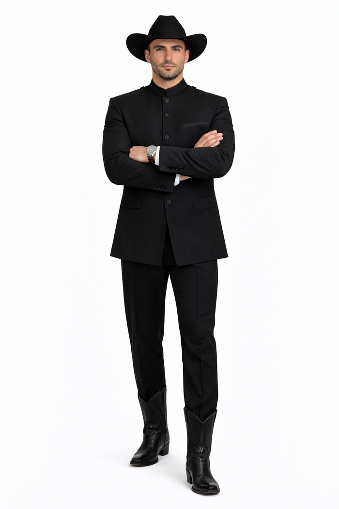 Men’s Apollo King Black 2 Piece Nehru Style Suit with Mandarin Collar, Formal Banded Collar Suit Modern Fit