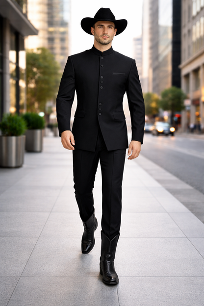 Men’s Apollo King Black 2 Piece Nehru Style Suit with Mandarin Collar, Formal Banded Collar Suit Modern Fit
