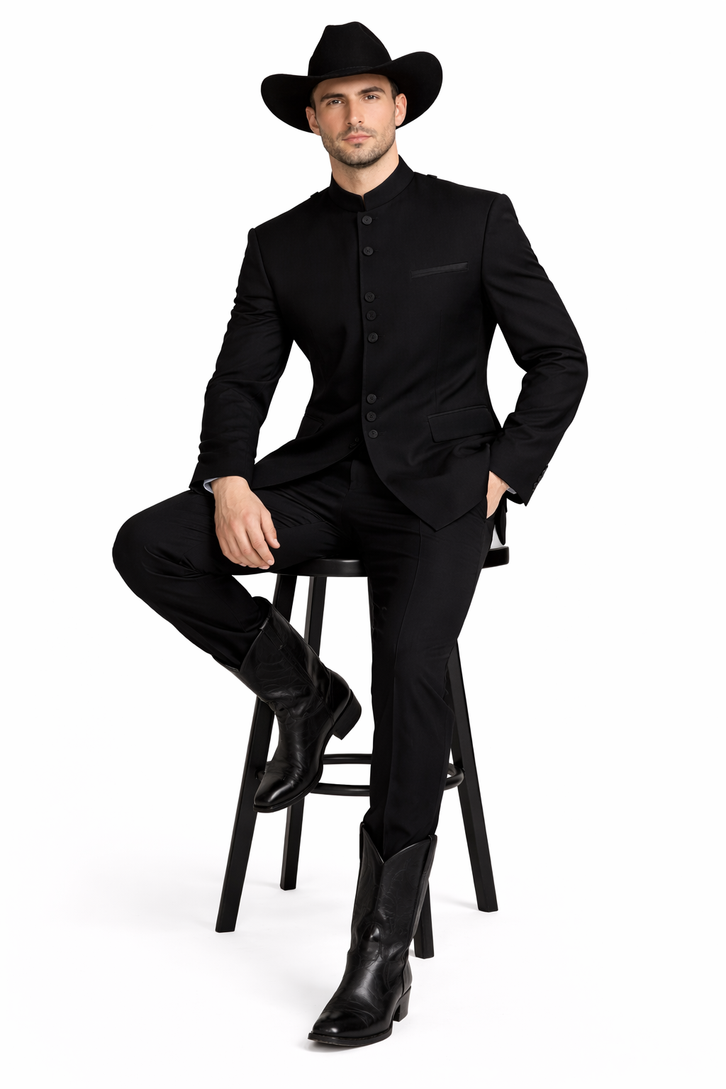 Men’s Apollo King Black 2 Piece Nehru Style Suit with Mandarin Collar, Formal Banded Collar Suit Modern Fit
