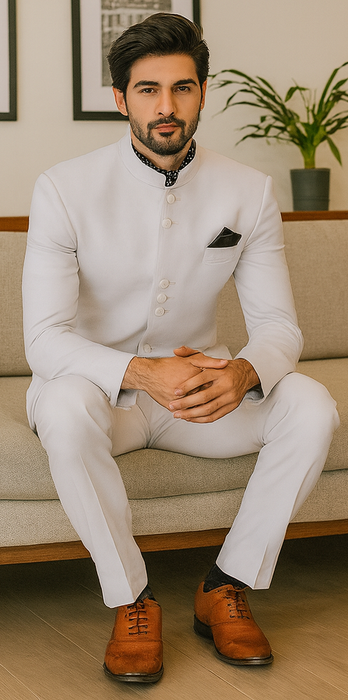 Apollo King Suit Men's 2 Pieces Nehru Style Suit Apollo King White