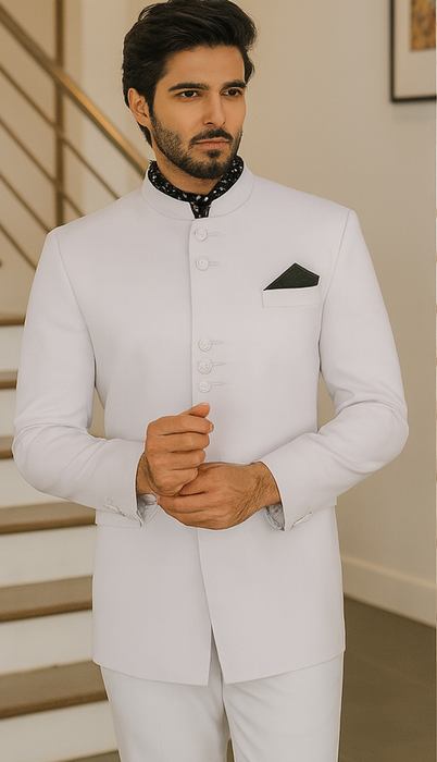 Apollo King Suit Men's 2 Pieces Nehru Style Suit Apollo King White