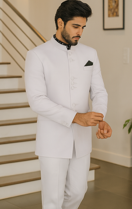 Apollo King Suit Men's 2 Pieces Nehru Style Suit Apollo King White