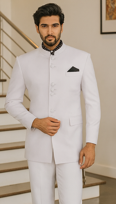 Apollo King Suit Men's 2 Pieces Nehru Style Suit Apollo King White