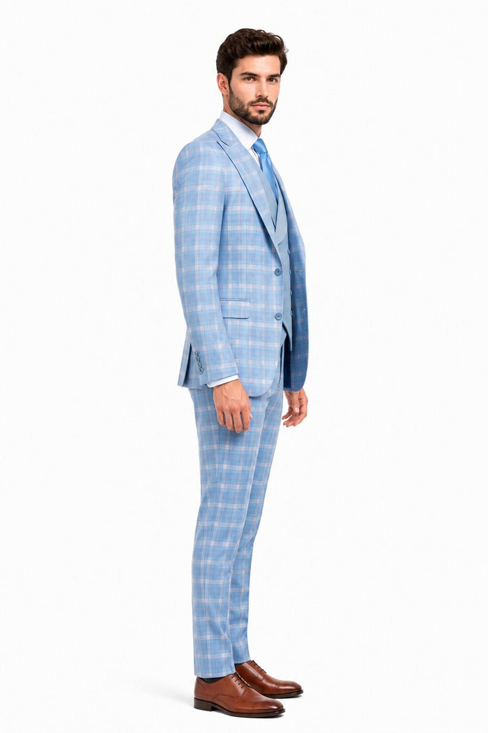 Statement Mens Modern Fit 3 Piece 100% Super 200s Wool Classic Windowpane Suit – Double Breasted Vest