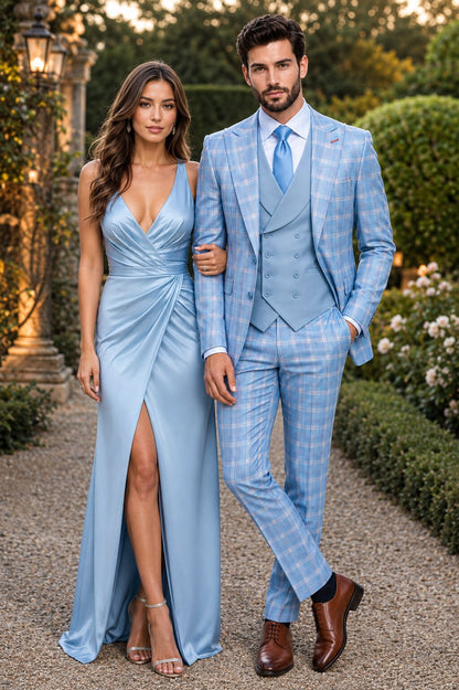 Statement Mens Modern Fit 3 Piece 100% Super 200s Wool Classic Windowpane Suit – Double Breasted Vest