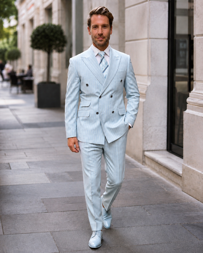 Aqua Turquoise Light Blue Color Men's Designer Double Breasted Summer Wool Suits in Light Aqua Blue Pinstripe Modern Fit