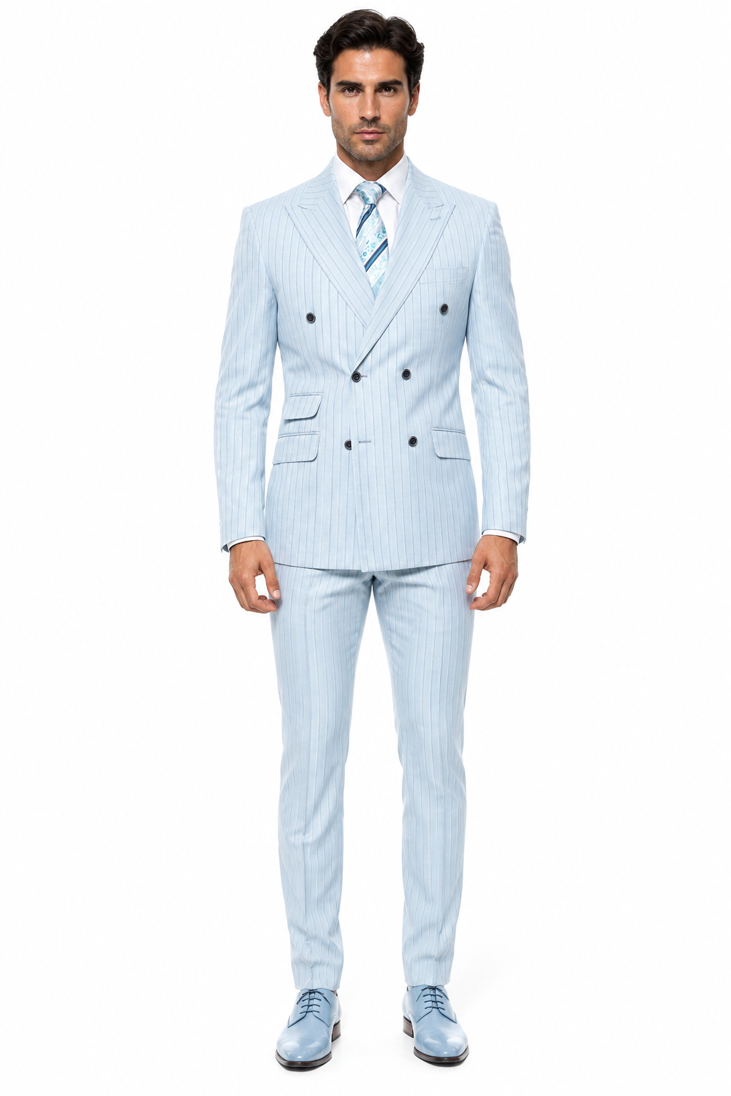 Aqua Turquoise Light Blue Color Men's Designer Double Breasted Summer Wool Suits in Light Aqua Blue Pinstripe Modern Fit