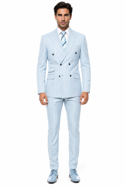 Aqua Turquoise Light Blue Color Men's Designer Double Breasted Summer Wool Suits in Light Aqua Blue Pinstripe Modern Fit