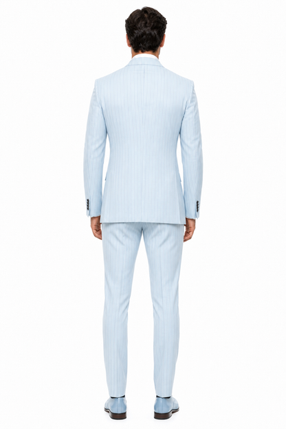 Aqua Turquoise Light Blue Color Men's Designer Double Breasted Summer Wool Suits in Light Aqua Blue Pinstripe Modern Fit
