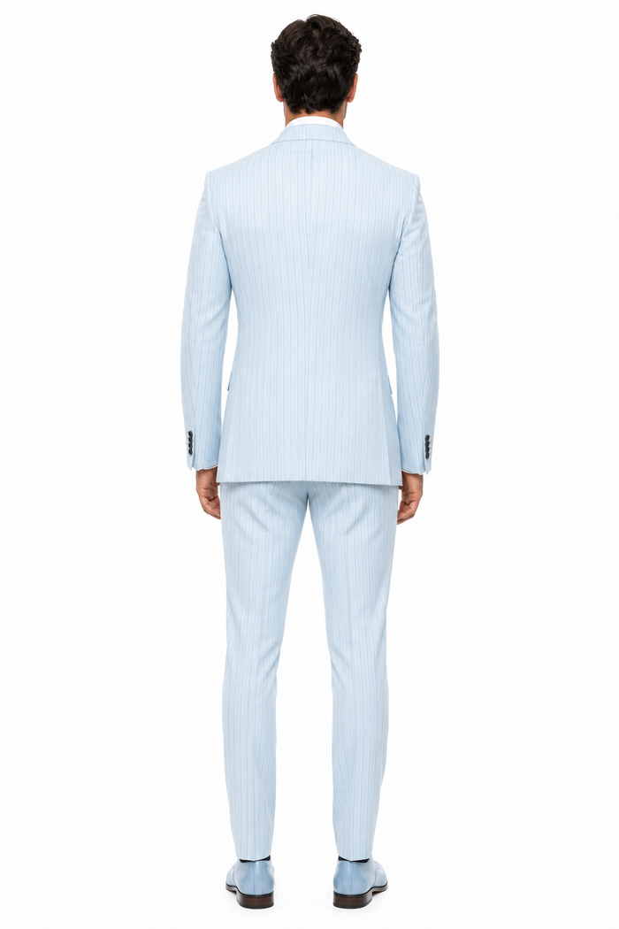 Aqua Turquoise Light Blue Color Men's Designer Double Breasted Summer Wool Suits in Light Aqua Blue Pinstripe Modern Fit