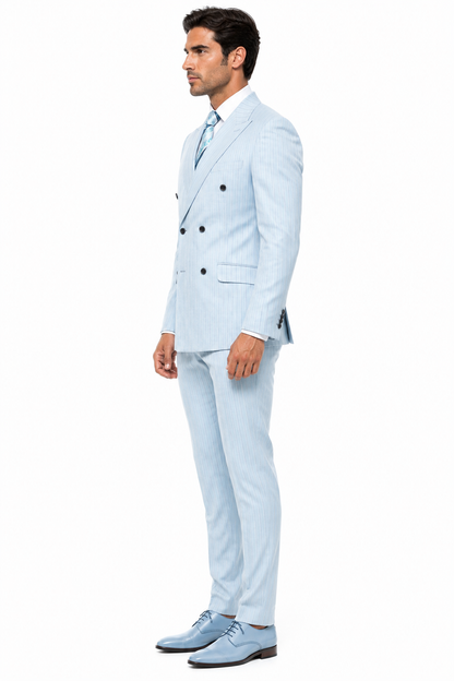Aqua Turquoise Light Blue Color Men's Designer Double Breasted Summer Wool Suits in Light Aqua Blue Pinstripe Modern Fit