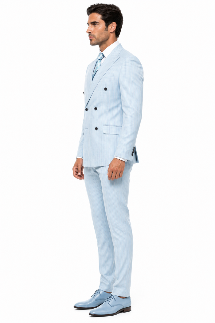 Aqua Turquoise Light Blue Color Men's Designer Double Breasted Summer Wool Suits in Light Aqua Blue Pinstripe Modern Fit