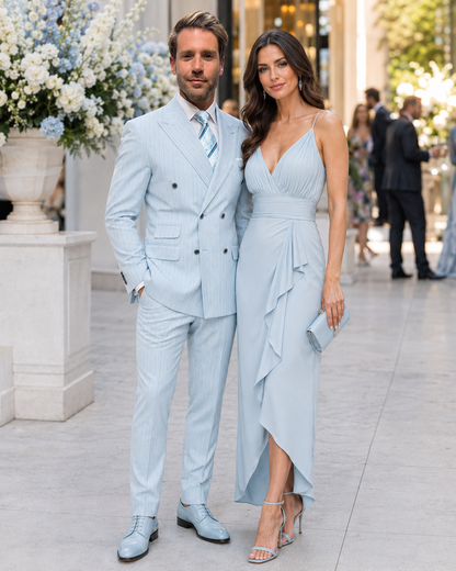 Aqua Turquoise Light Blue Color Men's Designer Double Breasted Summer Wool Suits in Light Aqua Blue Pinstripe Modern Fit