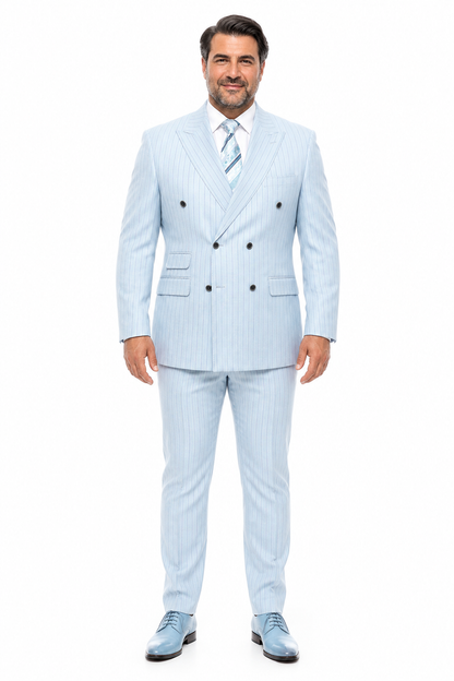 Aqua Turquoise Light Blue Color Men's Designer Double Breasted Summer Wool Suits in Light Aqua Blue Pinstripe Modern Fit