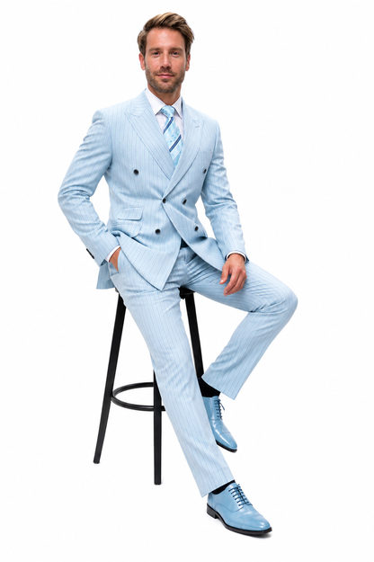Aqua Turquoise Light Blue Color Men's Designer Double Breasted Summer Wool Suits in Light Aqua Blue Pinstripe Modern Fit
