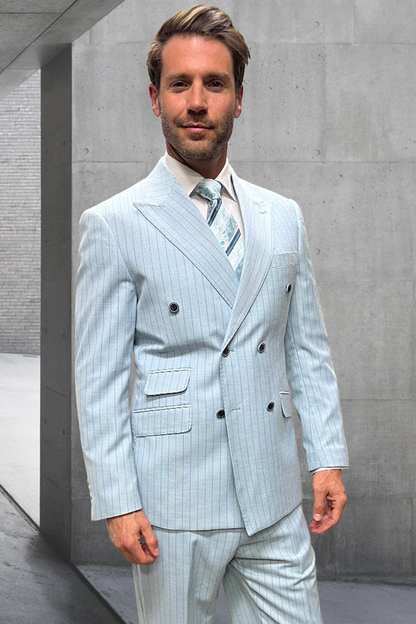 Aqua Turquoise Light Blue Color Men's Designer Double Breasted Summer Wool Suits in Light Aqua Blue Pinstripe Modern Fit