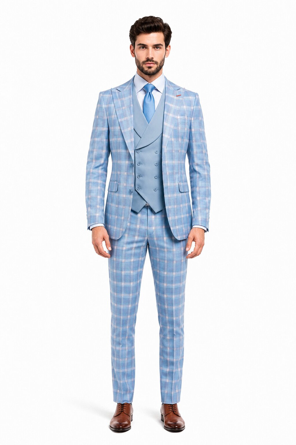Statement Mens Modern Fit 3 Piece 100% Super 200s Wool Classic Windowpane Suit – Double Breasted Vest