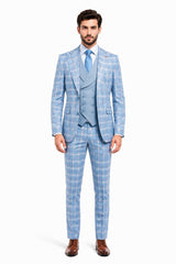 Statement Mens Modern Fit 3 Piece 100% Super 200s Wool Classic Windowpane Suit – Double Breasted Vest