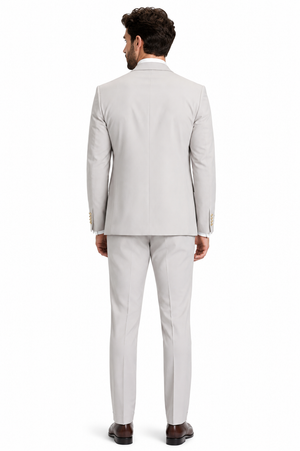 Men's Ash Statement Ticket Pocket Peak Lapel Wool Double Breasted Vest Suit with Gold Buttons – Modern Fit